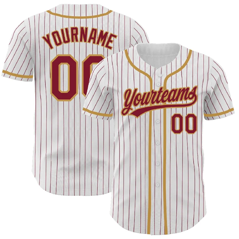 Custom White Crimson Pinstripe Crimson-Old Gold Authentic Baseball Jersey