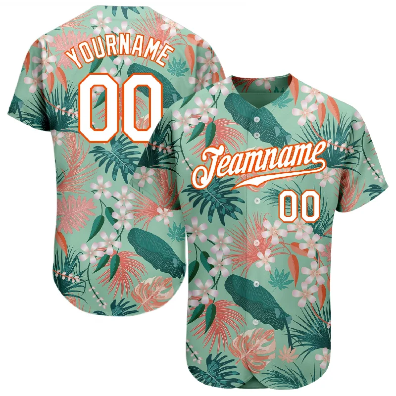 Custom Teal White-Orange 3D Pattern Design Hawaii Palm Leaves And Flowers Authentic Baseball Jersey