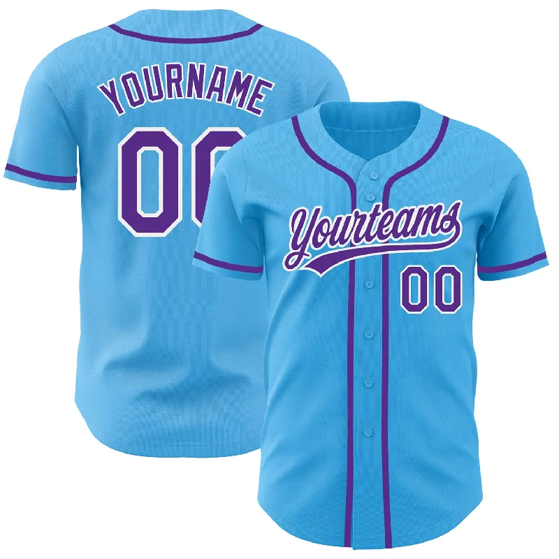 Custom Sky Blue Purple-White Authentic Baseball Jersey