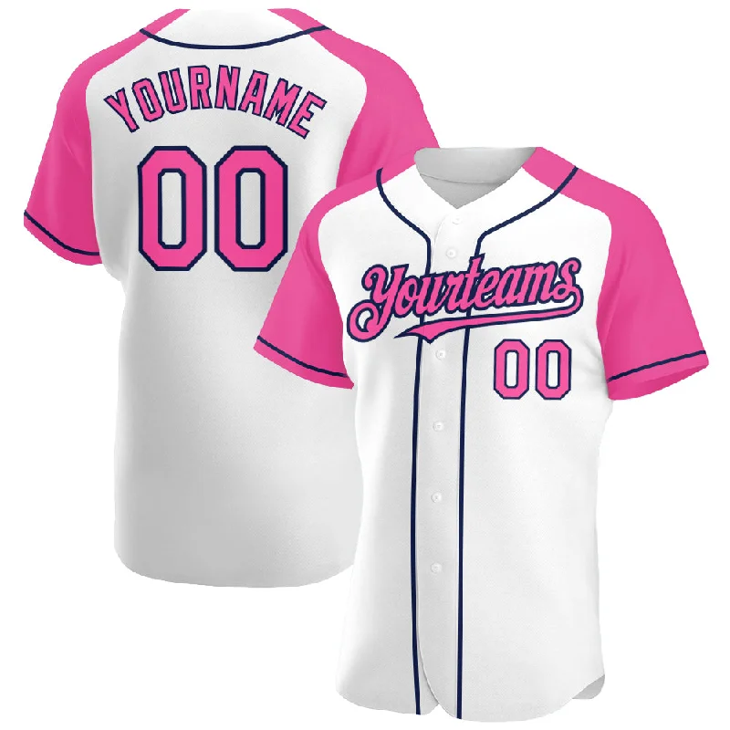 Custom White Pink-Navy Authentic Raglan Sleeves Baseball Jersey