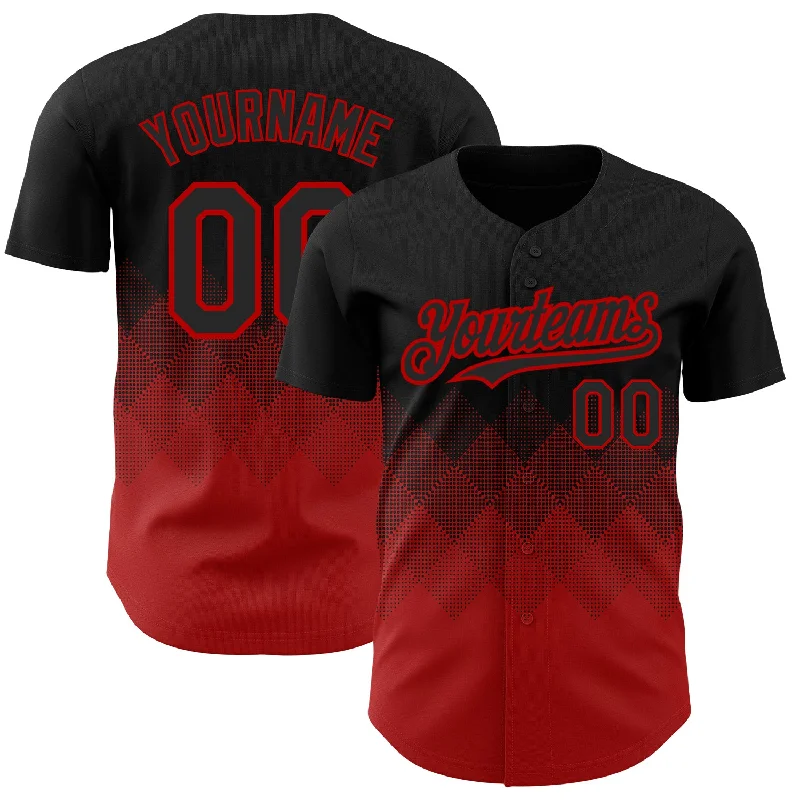 Custom Black Red 3D Pattern Design Gradient Square Shapes Authentic Baseball Jersey