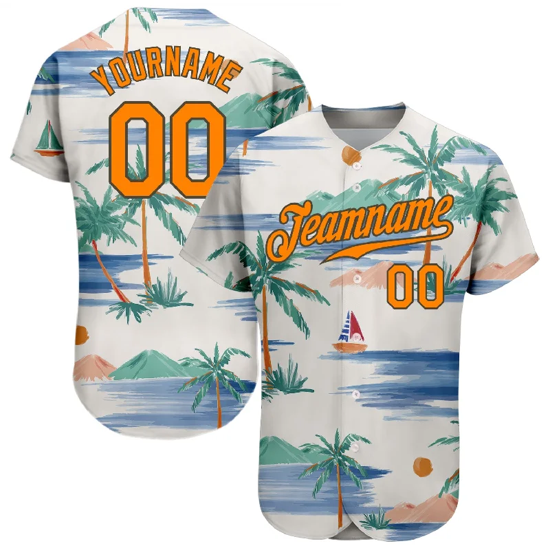 Custom Cream Bay Orange-Olive 3D Pattern Design Beach Coconut Palms Island And Sailboat Authentic Baseball Jersey