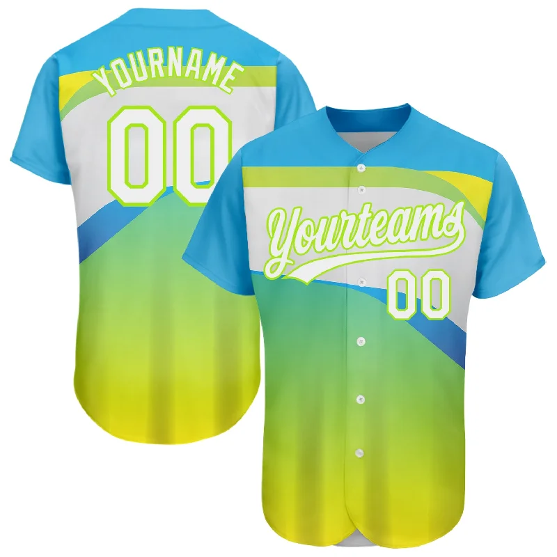 Custom Neon Green White-Sky Blue 3D Pattern Design Abstract Sport Authentic Baseball Jersey