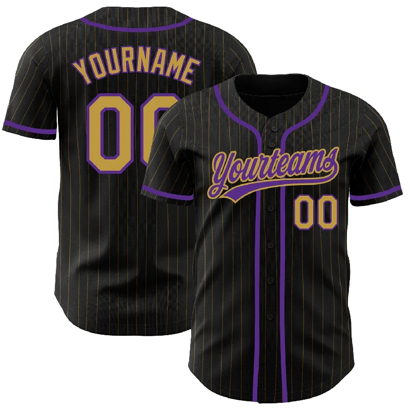 Custom Black Old Gold Pinstripe Old Gold-Purple Authentic Baseball Jersey