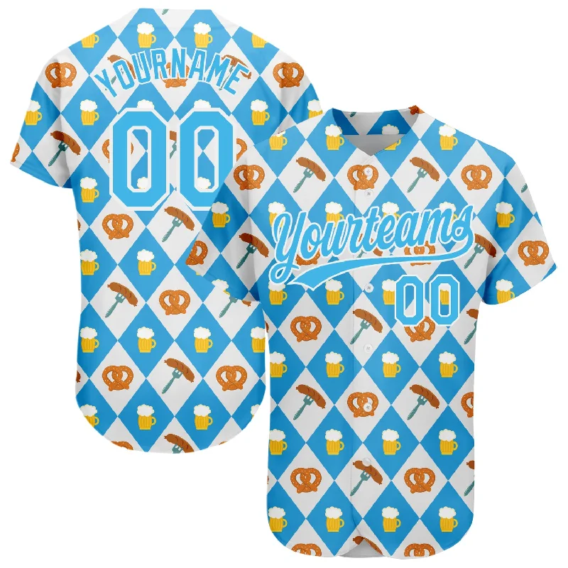 Custom White Sky Blue 3D Pattern Design Beer Festival Authentic Baseball Jersey