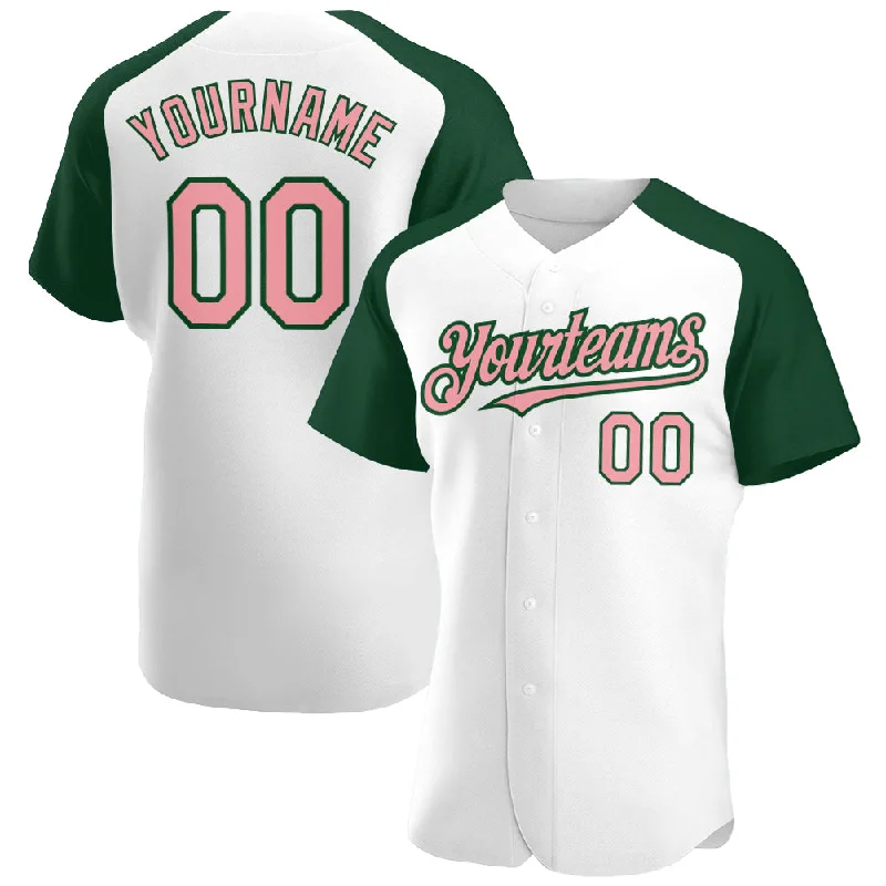 Custom White Medium Pink-Green Authentic Raglan Sleeves Baseball Jersey