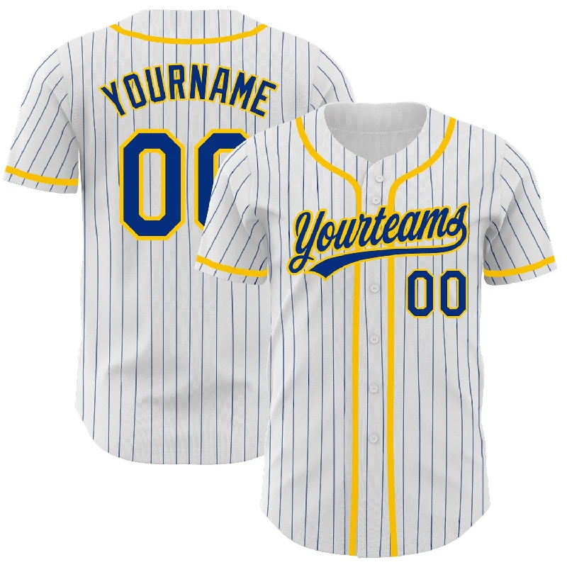 Custom White Royal Pinstripe Royal-Yellow Authentic Baseball Jersey