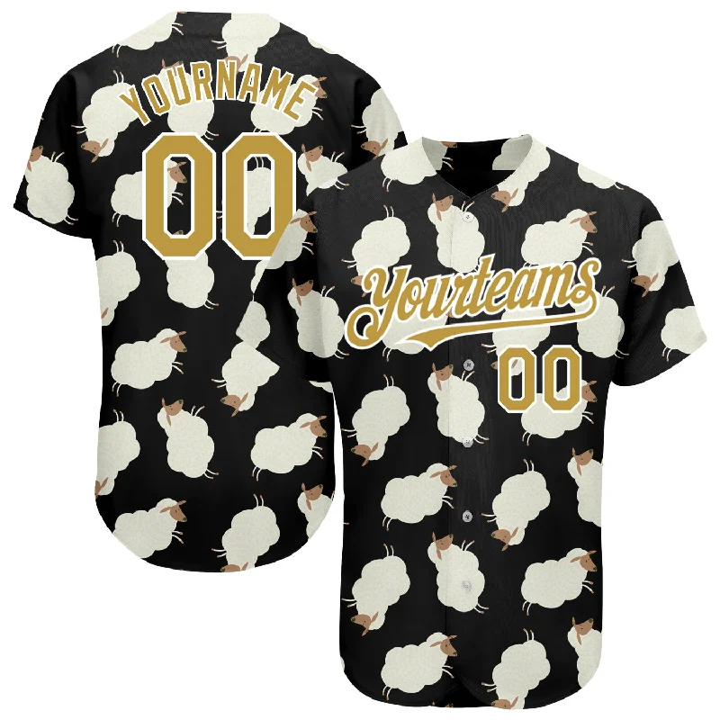 Custom Black Old Gold-White 3D Pattern Design Goat Authentic Baseball Jersey