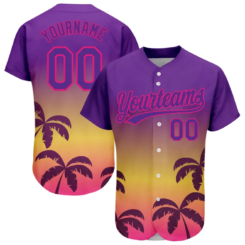 Custom Purple Hot Pink 3D Pattern Design Hawaii Palm Trees Authentic Baseball Jersey