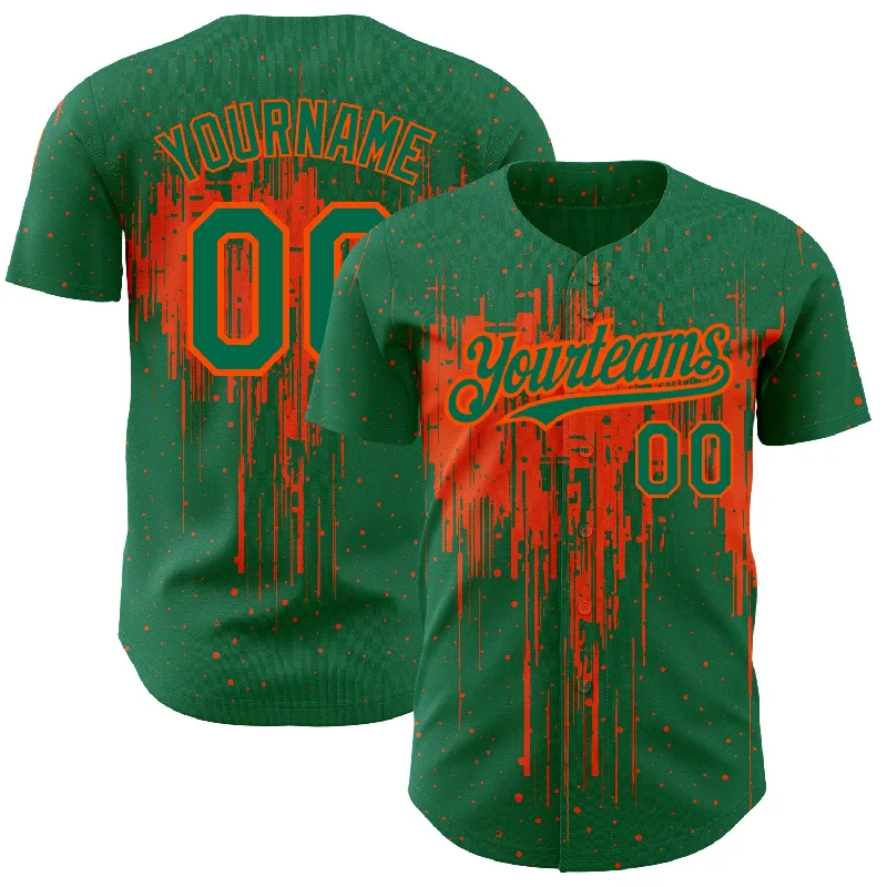 Custom Kelly Green Orange 3D Pattern Design Dripping Splatter Art Authentic Baseball Jersey