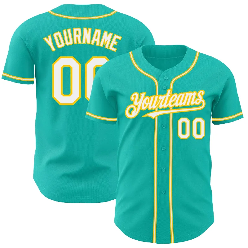 Custom Aqua White-Yellow Authentic Baseball Jersey