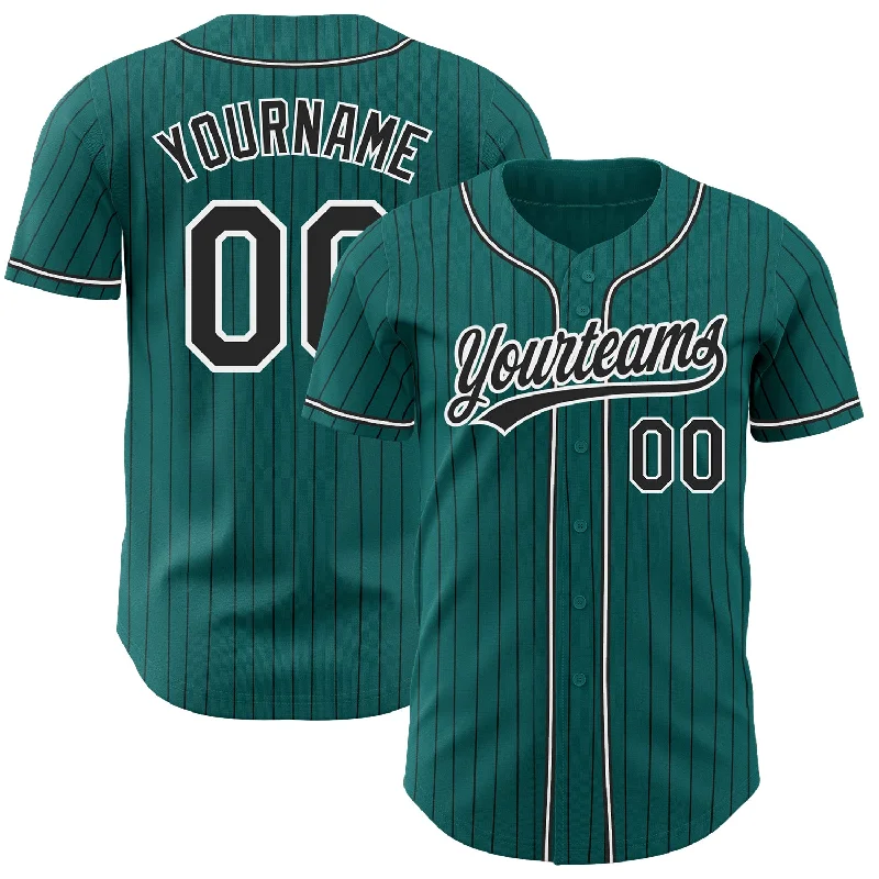 Custom Teal Black Pinstripe Black-White Authentic Baseball Jersey