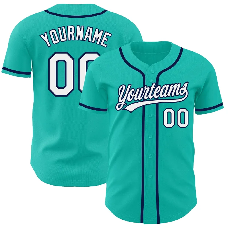 Custom Aqua White-Navy Authentic Baseball Jersey