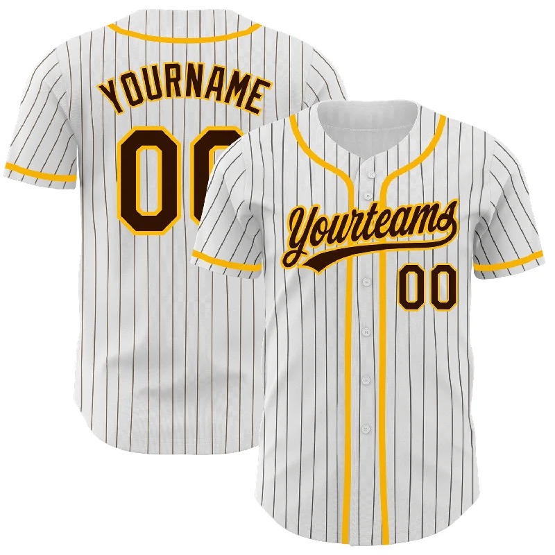 Custom White Brown Pinstripe Brown-Gold Authentic Baseball Jersey