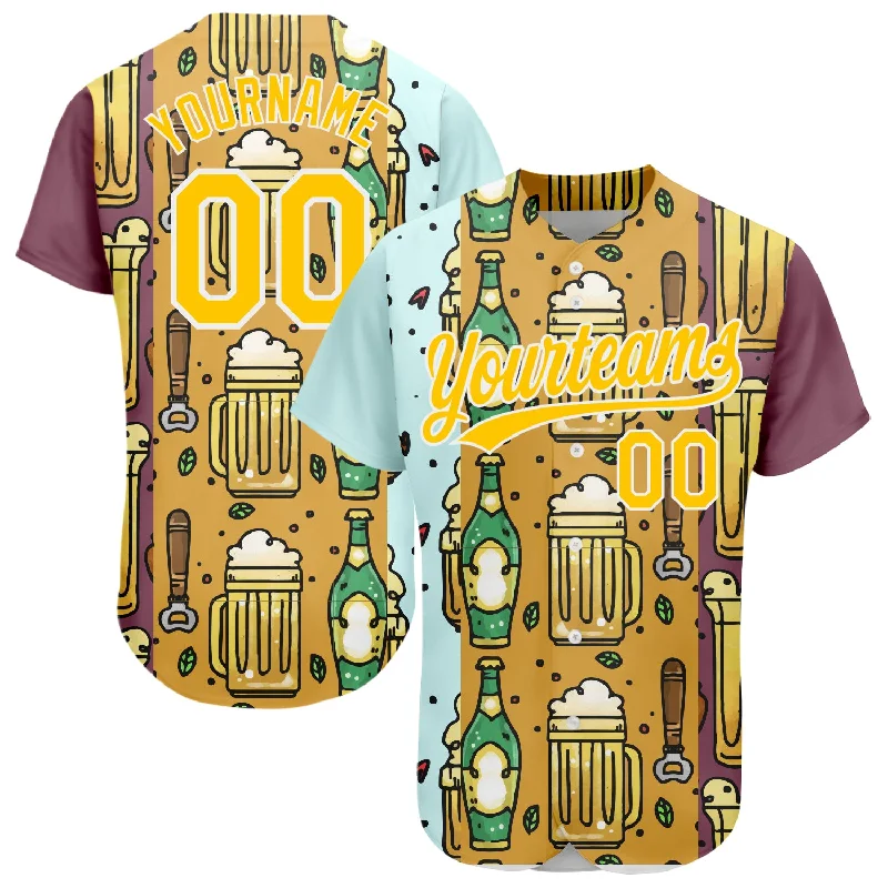 Custom Yellow White 3D Pattern Design Beer Festival Authentic Baseball Jersey