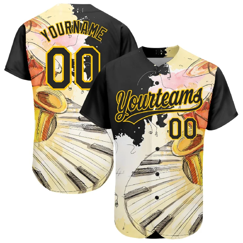 Custom White Black-Yellow 3D Pattern Design Music Festival Watercolor International Jazz Day Authentic Baseball Jersey