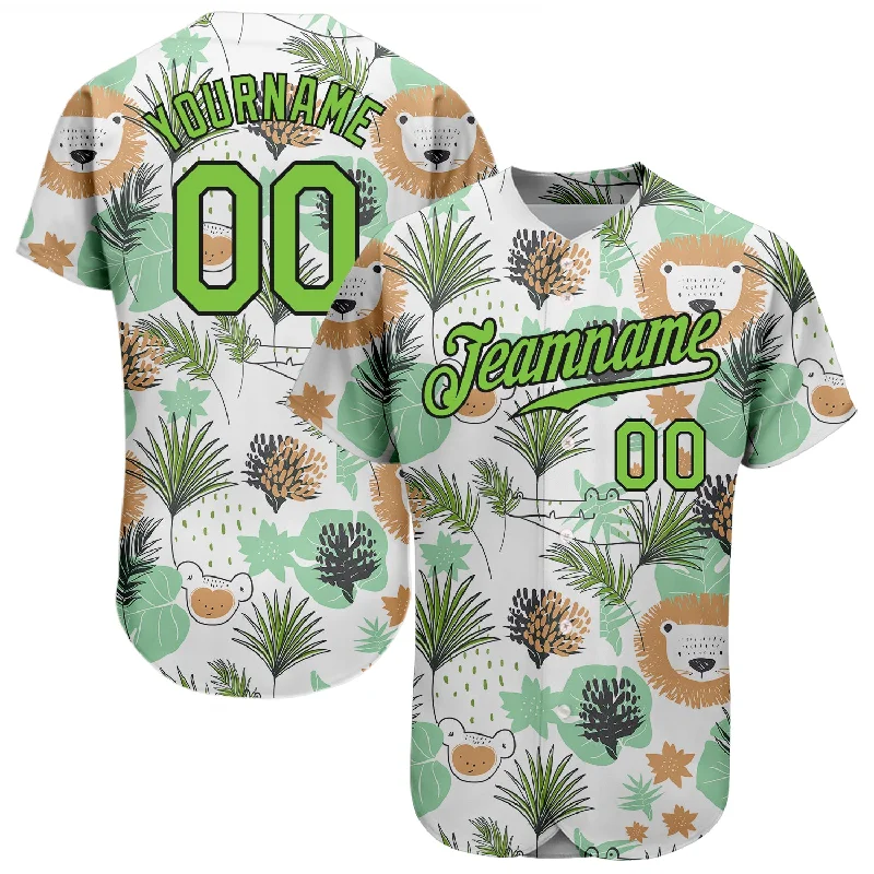 Custom White Neon Green-Black 3D Pattern Design Hawaii Palm Leaves And Lions Authentic Baseball Jersey