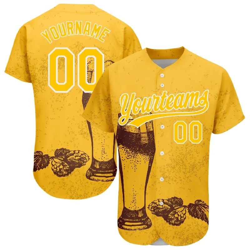 Custom Yellow White 3D Pattern Design Beer Festival Authentic Baseball Jersey