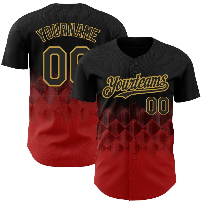 Custom Black Red-Old Gold 3D Pattern Design Gradient Square Shapes Authentic Baseball Jersey