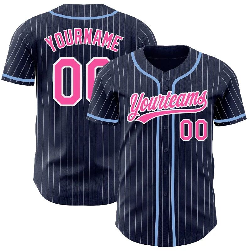 Custom Navy White Pinstripe Pink Authentic Baseball Jersey