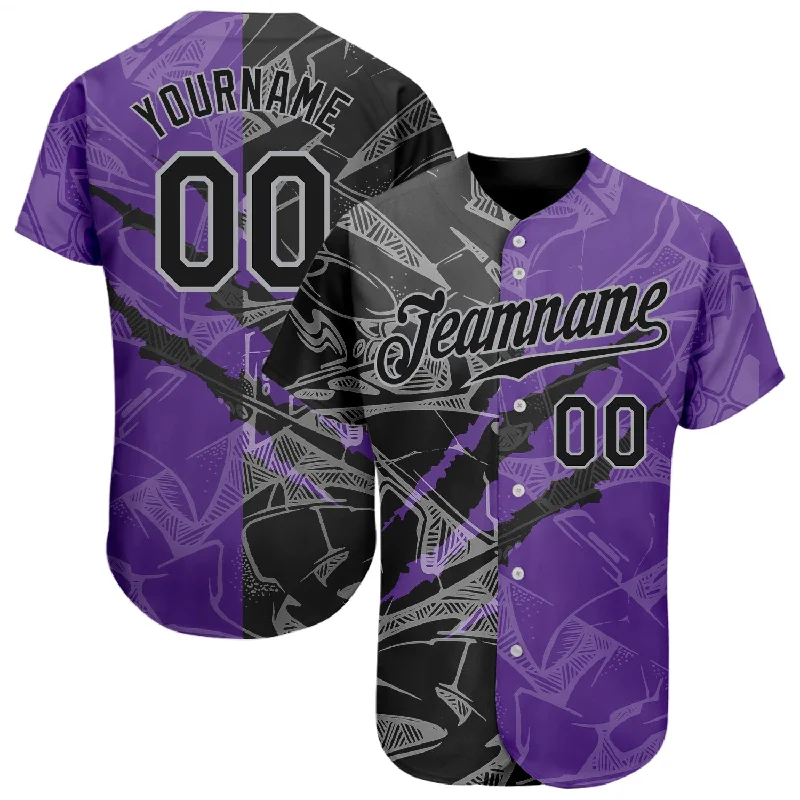 Custom Graffiti Pattern Black Purple-Gray 3D Scratch Authentic Baseball Jersey