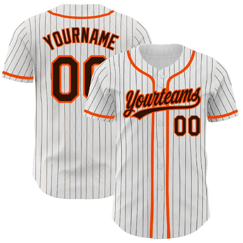 Custom White Brown Pinstripe Brown-Orange Authentic Baseball Jersey