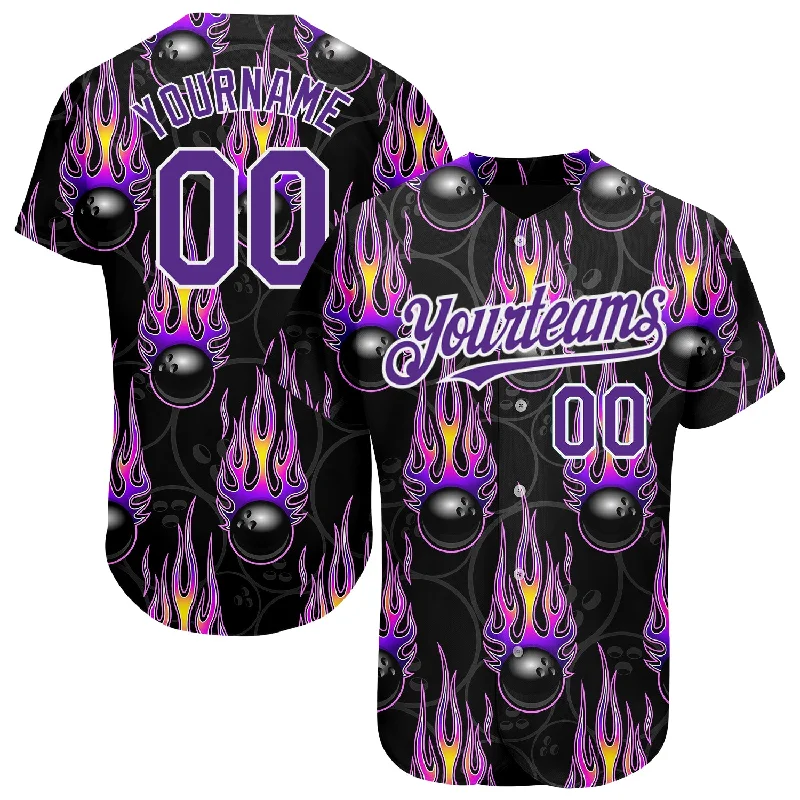 Custom Black Purple-White 3D Pattern Design Bowling Ball With Hotrod Flame Authentic Baseball Jersey