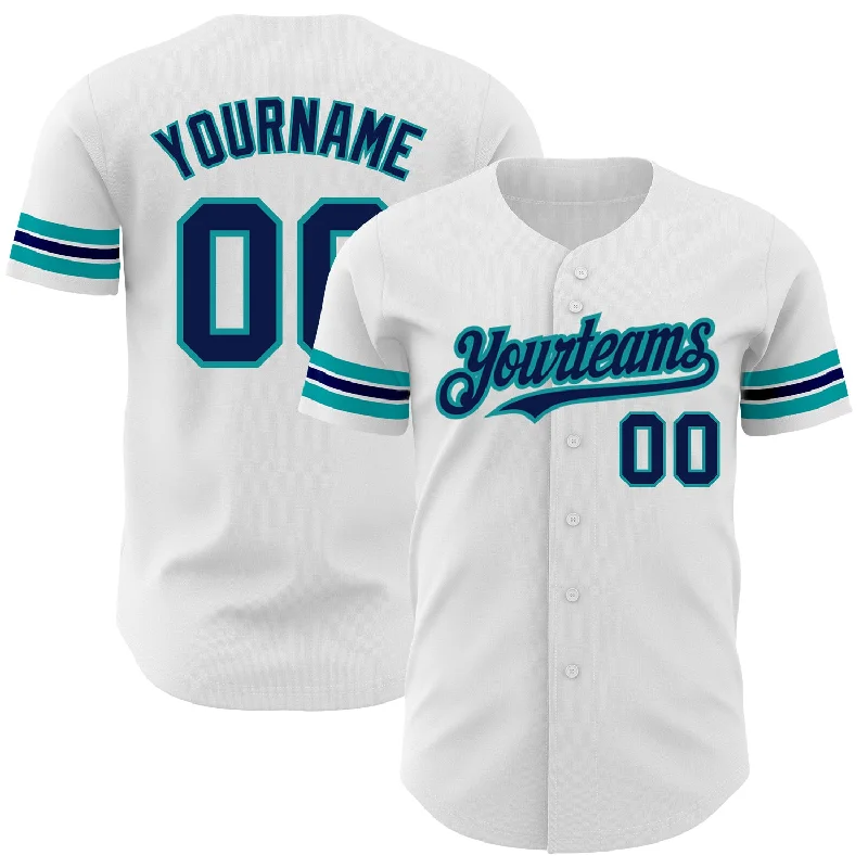 Custom White Navy-Teal Authentic Baseball Jersey