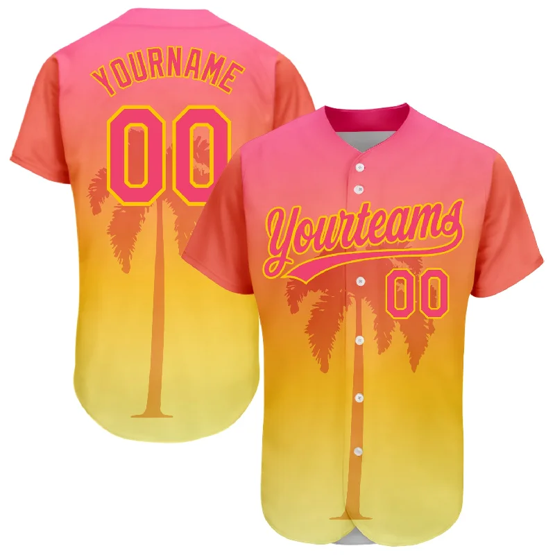 Custom Neon Pink Yellow 3D Pattern Design Hawaii Palm Trees Authentic Baseball Jersey