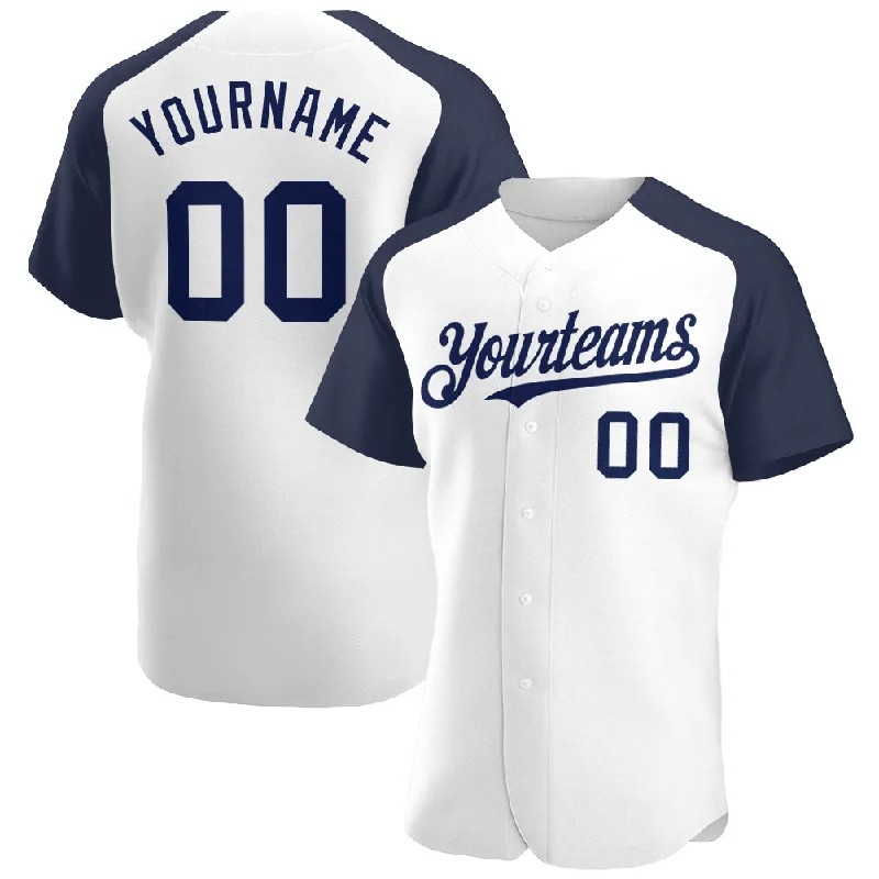 Custom White Navy Authentic Raglan Sleeves Baseball Jersey