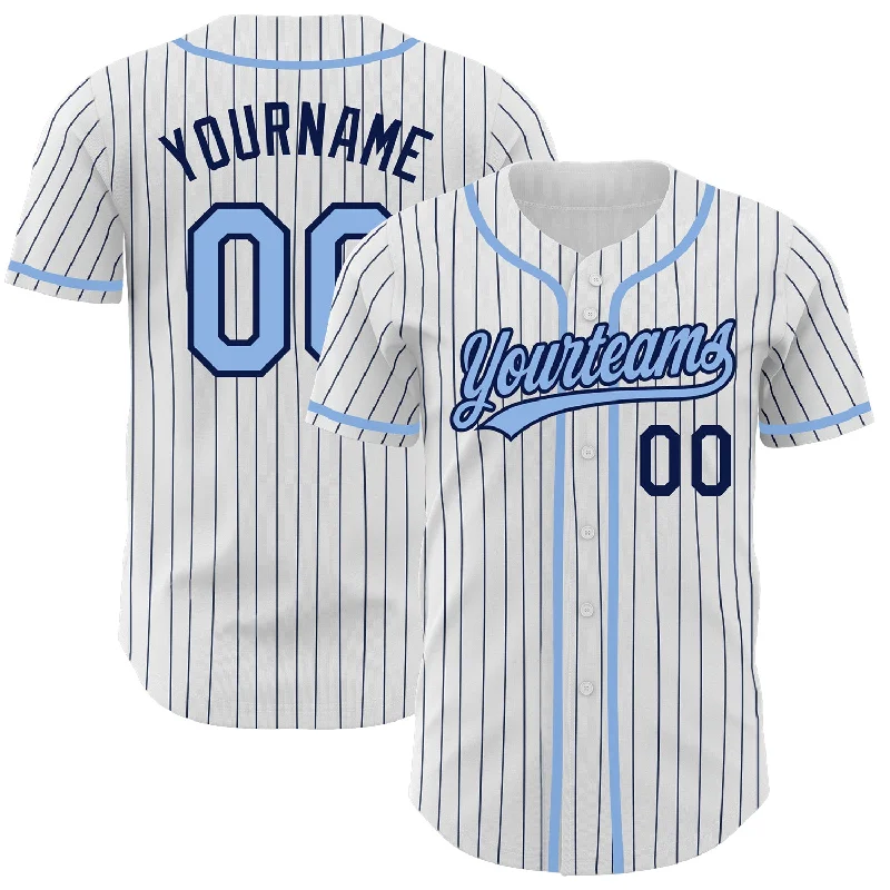 Custom White Navy Pinstripe Light Blue Authentic Baseball Jersey