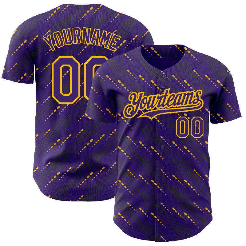 Custom Purple Gold 3D Pattern Design Slant Lines Authentic Baseball Jersey