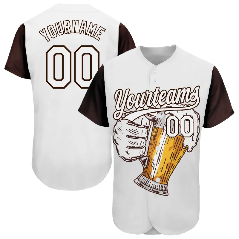 Custom White Brown 3D Pattern Design Beer Festival Authentic Baseball Jersey