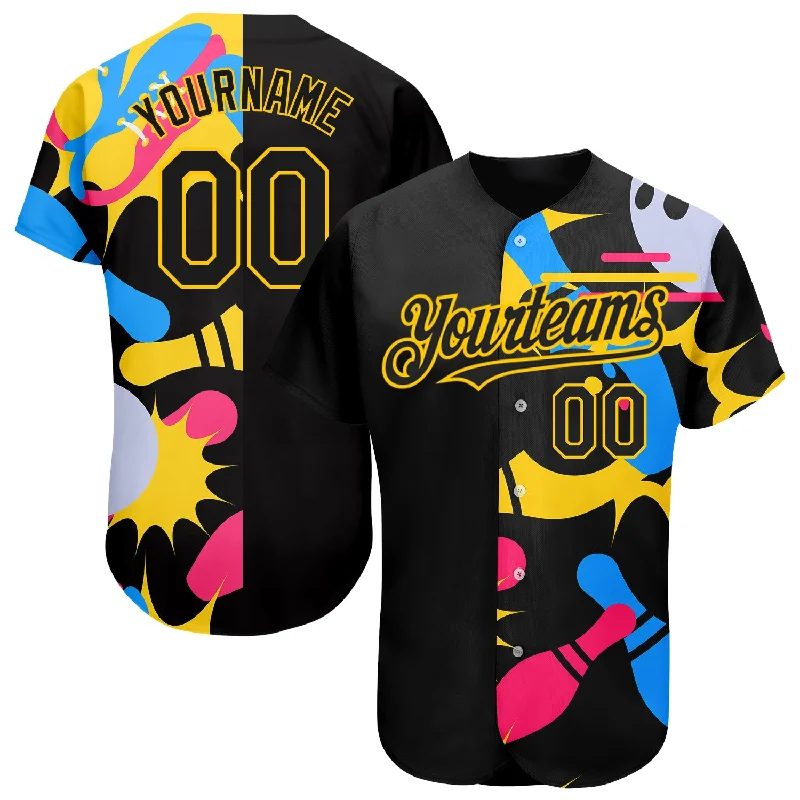 Custom Black Yellow 3D Pattern Design Bowling Authentic Baseball Jersey