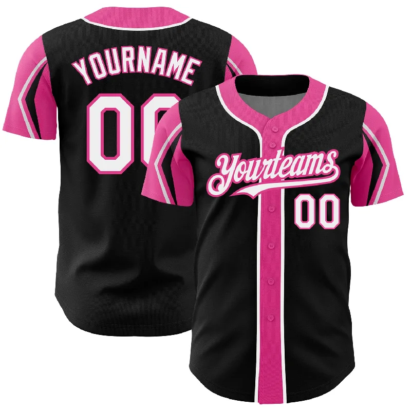 Custom Black White-Pink 3 Colors Arm Shapes Authentic Baseball Jersey