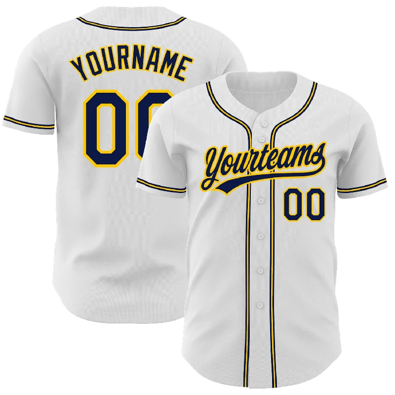 Custom White Navy-Gold Authentic Baseball Jersey