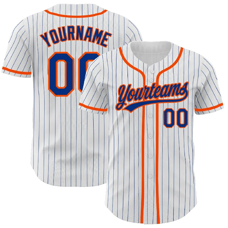 Custom White Royal Pinstripe Royal-Orange Authentic Baseball Jersey