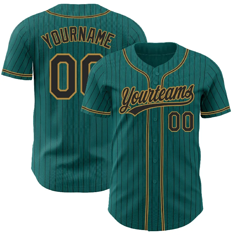 Custom Teal Black Pinstripe Black-Old Gold Authentic Baseball Jersey