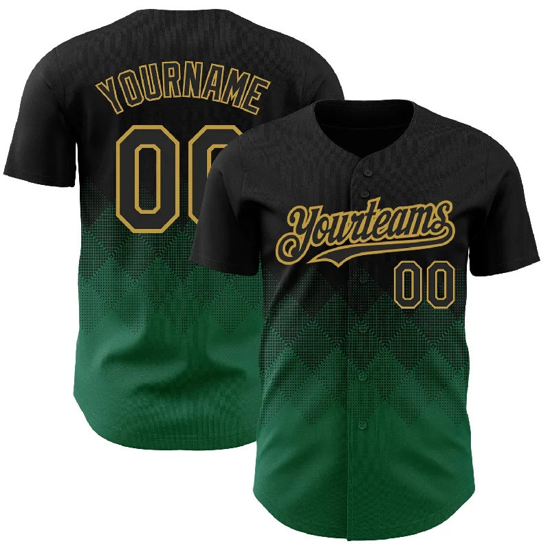 Custom Black Kelly Green-Old Gold 3D Pattern Design Gradient Square Shapes Authentic Baseball Jersey