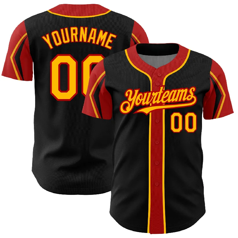 Custom Black Gold-Red 3 Colors Arm Shapes Authentic Baseball Jersey