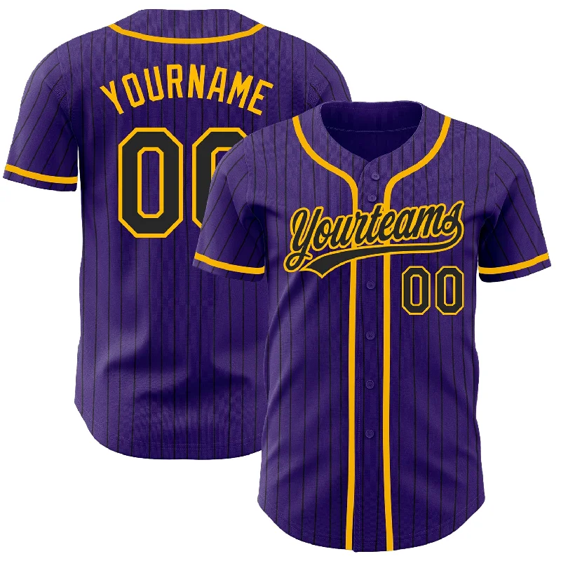 Custom Purple Black Pinstripe Black-Gold Authentic Baseball Jersey