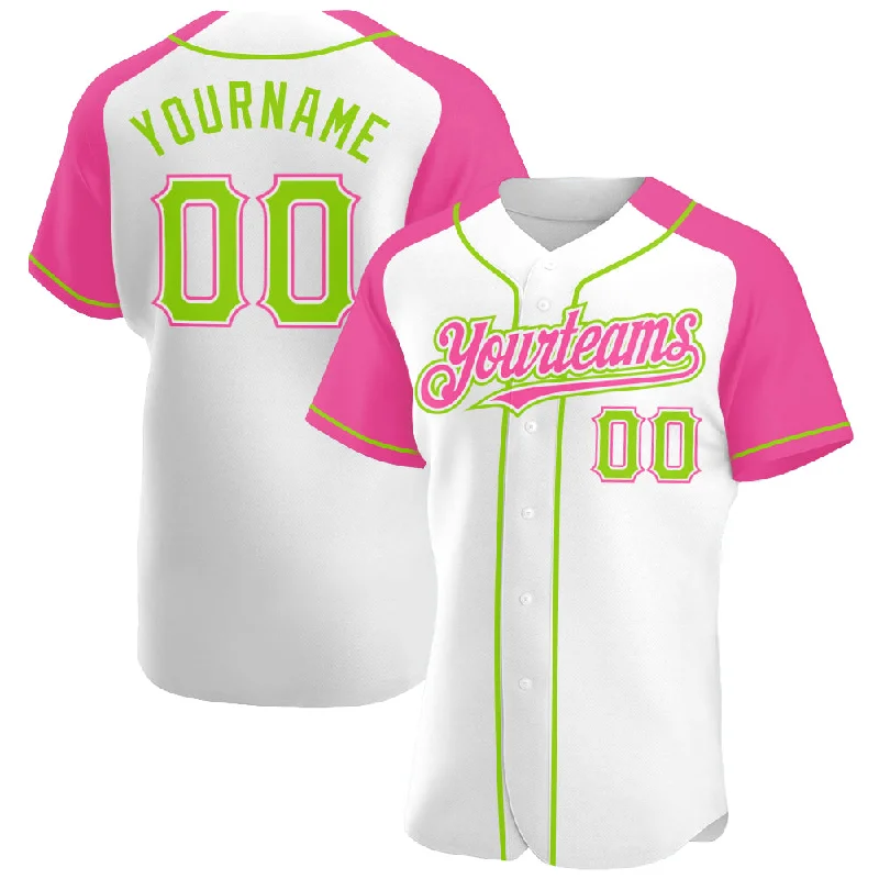 Custom White Neon Green-Pink Authentic Raglan Sleeves Baseball Jersey