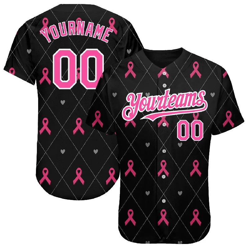 Custom Black Pink-White 3D Pink Ribbon Breast Cancer Awareness Month Women Health Care Support Authentic Baseball Jersey