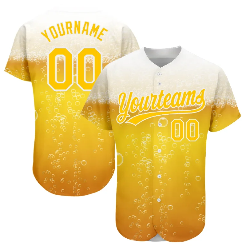 Custom Yellow White 3D Pattern Design Beer Authentic Baseball Jersey