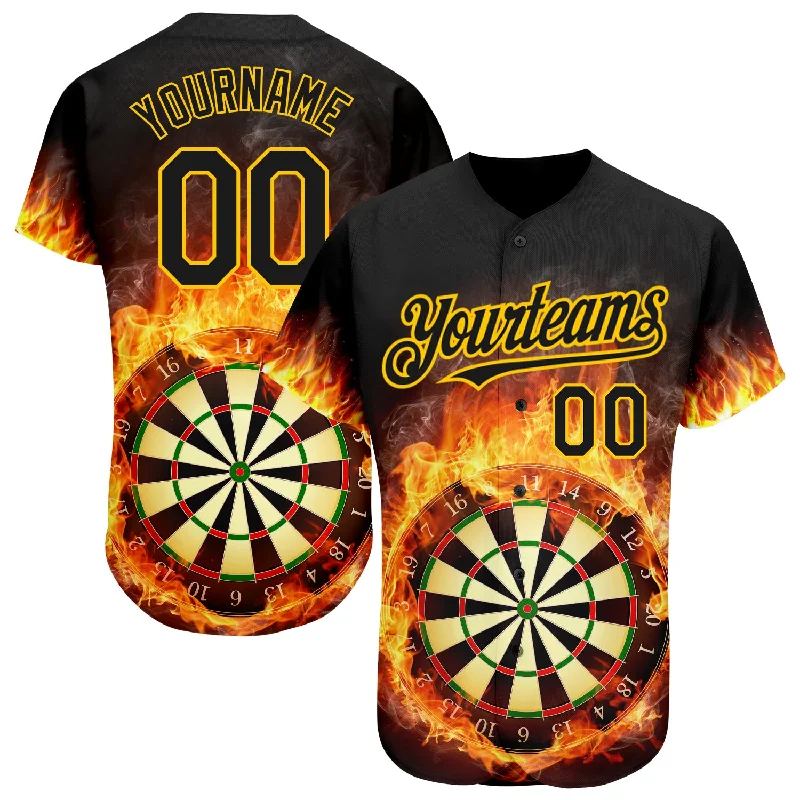 Custom Black Gold 3D Pattern Design Flame Dart Board Authentic Baseball Jersey