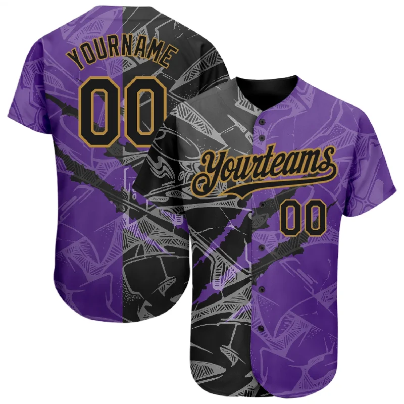 Custom Graffiti Pattern Black Purple-Old Gold 3D Scratch Authentic Baseball Jersey