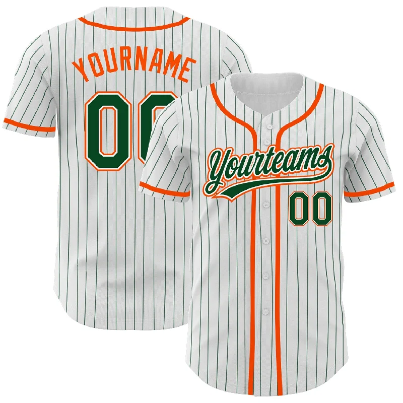 Custom White Green Pinstripe Green-Orange Authentic Baseball Jersey