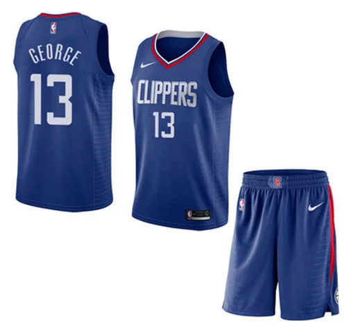 Men's Los Angeles Clippers #13 Paul George Blue Stitched Basketball Jersey(With Shorts)