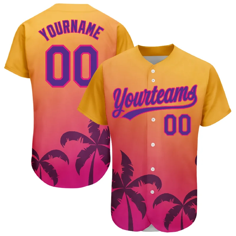 Custom Gold Purple-Hot Pink 3D Pattern Design Hawaii Palm Trees Authentic Baseball Jersey