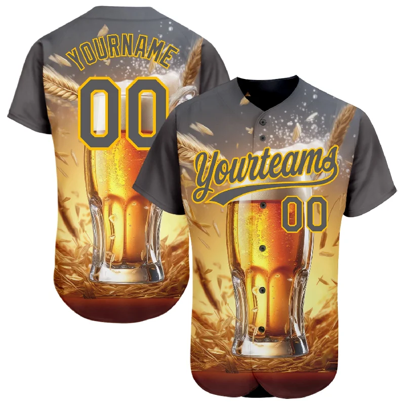 Custom Steel Gray Yellow 3D Pattern Design International Beer Day Authentic Baseball Jersey